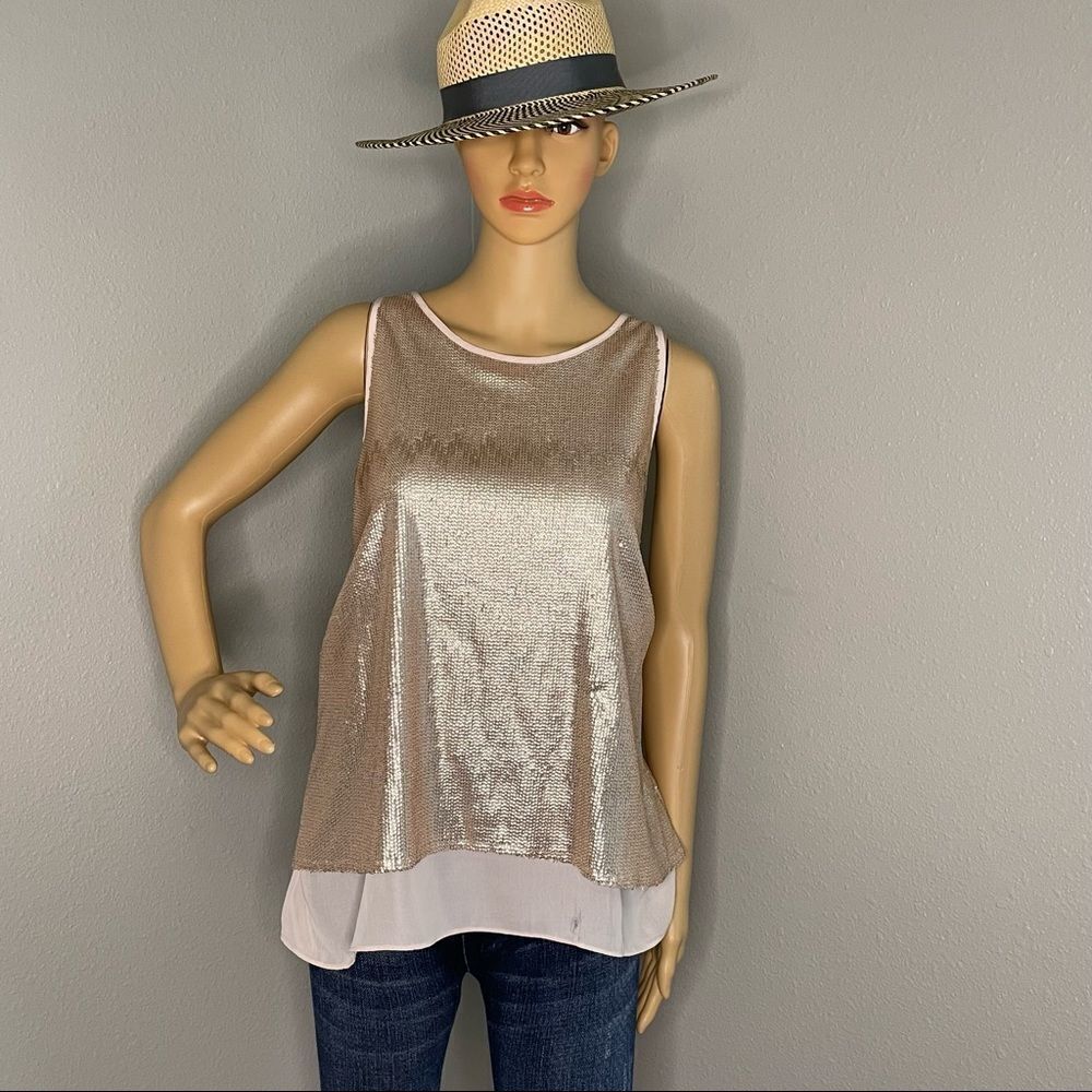 Jennifer Lopez Sleeveless Rose Gold Sequin Drop-Tail Hem Tank Size Large